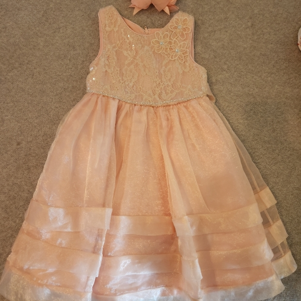 Elegant Peach Kids Dress with Floral Lace